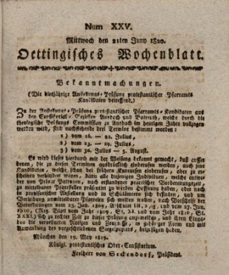 Oettingisches Wochenblatt Mittwoch 21. Juni 1820