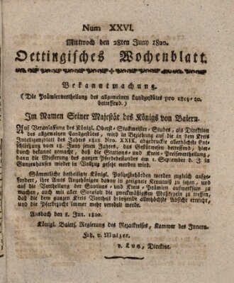 Oettingisches Wochenblatt Mittwoch 28. Juni 1820