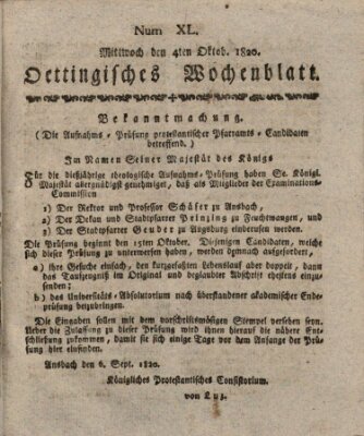 Oettingisches Wochenblatt Mittwoch 4. Oktober 1820