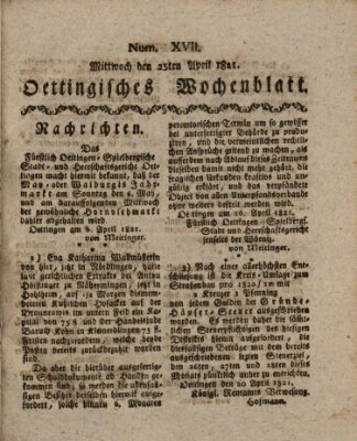 Oettingisches Wochenblatt Mittwoch 25. April 1821