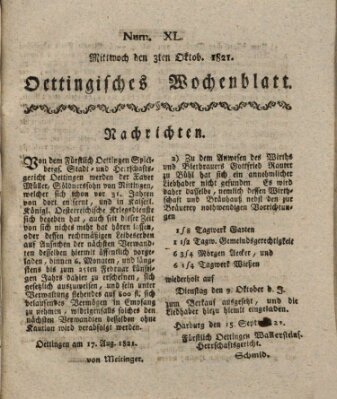 Oettingisches Wochenblatt Mittwoch 3. Oktober 1821