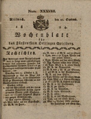 Wochenblatt für das Fürstenthum Oettingen-Spielberg (Oettingisches Wochenblatt) Mittwoch 22. September 1824