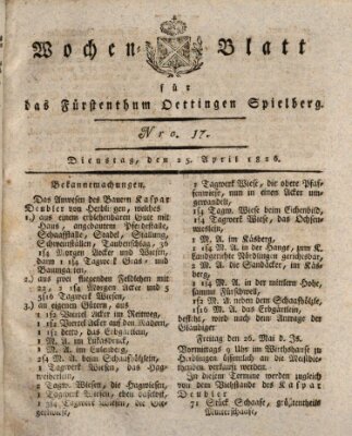 Wochenblatt für das Fürstenthum Oettingen-Spielberg (Oettingisches Wochenblatt) Dienstag 25. April 1826