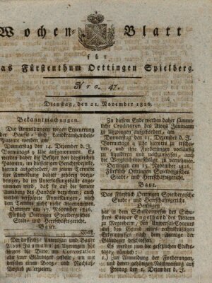 Wochenblatt für das Fürstenthum Oettingen-Spielberg (Oettingisches Wochenblatt) Dienstag 21. November 1826