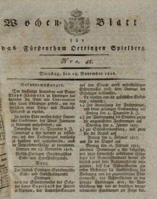 Wochenblatt für das Fürstenthum Oettingen-Spielberg (Oettingisches Wochenblatt) Dienstag 28. November 1826