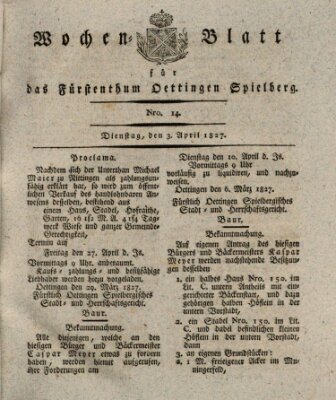 Wochenblatt für das Fürstenthum Oettingen-Spielberg (Oettingisches Wochenblatt) Dienstag 3. April 1827