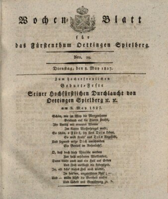 Wochenblatt für das Fürstenthum Oettingen-Spielberg (Oettingisches Wochenblatt) Dienstag 8. Mai 1827