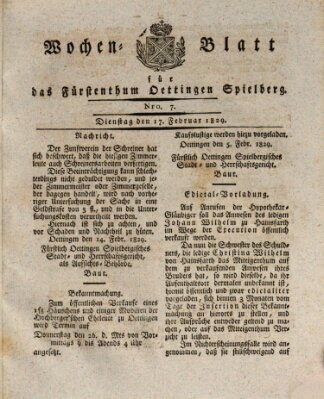 Wochenblatt für das Fürstenthum Oettingen-Spielberg (Oettingisches Wochenblatt) Dienstag 17. Februar 1829