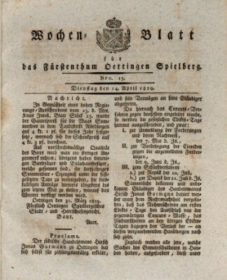 Wochenblatt für das Fürstenthum Oettingen-Spielberg (Oettingisches Wochenblatt) Dienstag 14. April 1829