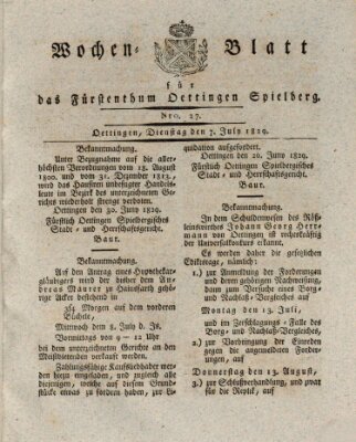 Wochenblatt für das Fürstenthum Oettingen-Spielberg (Oettingisches Wochenblatt) Dienstag 7. Juli 1829