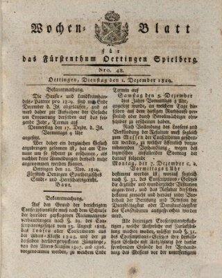 Wochenblatt für das Fürstenthum Oettingen-Spielberg (Oettingisches Wochenblatt) Dienstag 1. Dezember 1829