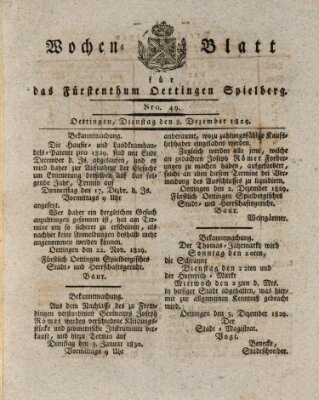 Wochenblatt für das Fürstenthum Oettingen-Spielberg (Oettingisches Wochenblatt) Dienstag 8. Dezember 1829