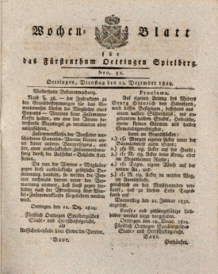 Wochenblatt für das Fürstenthum Oettingen-Spielberg (Oettingisches Wochenblatt) Dienstag 22. Dezember 1829