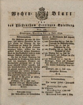 Wochenblatt für das Fürstenthum Oettingen-Spielberg (Oettingisches Wochenblatt) Dienstag 13. Juli 1830