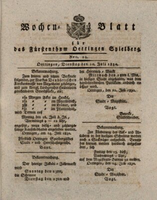 Wochenblatt für das Fürstenthum Oettingen-Spielberg (Oettingisches Wochenblatt) Dienstag 20. Juli 1830