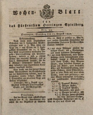 Wochenblatt für das Fürstenthum Oettingen-Spielberg (Oettingisches Wochenblatt) Dienstag 17. August 1830