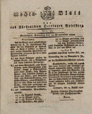 Wochenblatt für das Fürstenthum Oettingen-Spielberg (Oettingisches Wochenblatt) Dienstag 14. September 1830