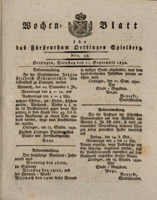 Wochenblatt für das Fürstenthum Oettingen-Spielberg (Oettingisches Wochenblatt) Dienstag 21. September 1830
