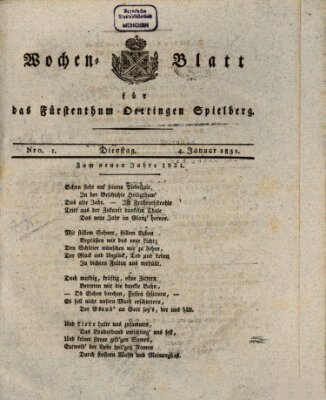 Wochenblatt für das Fürstenthum Oettingen-Spielberg (Oettingisches Wochenblatt) Dienstag 4. Januar 1831