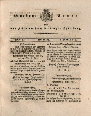 Wochenblatt für das Fürstenthum Oettingen-Spielberg (Oettingisches Wochenblatt) Dienstag 1. März 1831