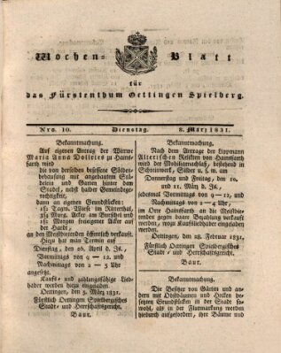 Wochenblatt für das Fürstenthum Oettingen-Spielberg (Oettingisches Wochenblatt) Dienstag 8. März 1831