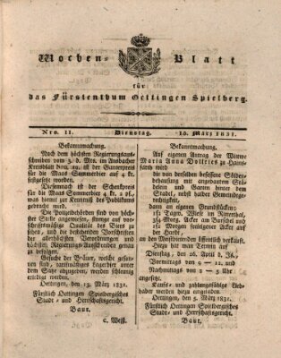 Wochenblatt für das Fürstenthum Oettingen-Spielberg (Oettingisches Wochenblatt) Dienstag 15. März 1831