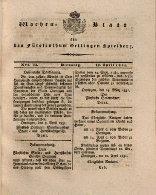 Wochenblatt für das Fürstenthum Oettingen-Spielberg (Oettingisches Wochenblatt) Dienstag 12. April 1831