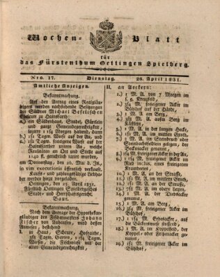 Wochenblatt für das Fürstenthum Oettingen-Spielberg (Oettingisches Wochenblatt) Dienstag 26. April 1831