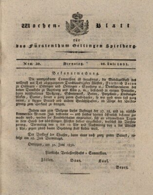 Wochenblatt für das Fürstenthum Oettingen-Spielberg (Oettingisches Wochenblatt) Dienstag 26. Juli 1831