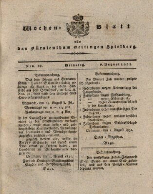 Wochenblatt für das Fürstenthum Oettingen-Spielberg (Oettingisches Wochenblatt) Dienstag 9. August 1831