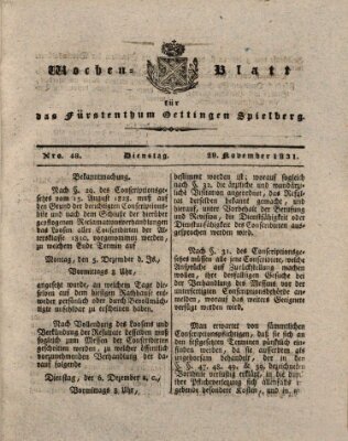 Wochenblatt für das Fürstenthum Oettingen-Spielberg (Oettingisches Wochenblatt) Dienstag 29. November 1831