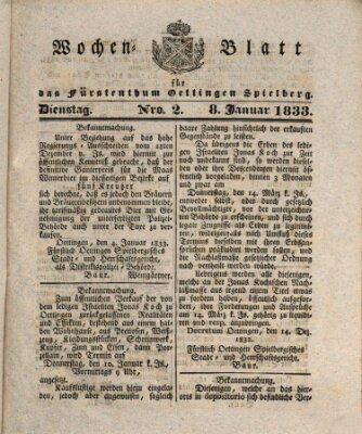 Wochenblatt für das Fürstenthum Oettingen-Spielberg (Oettingisches Wochenblatt) Dienstag 8. Januar 1833