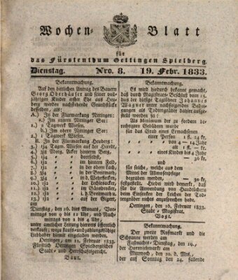 Wochenblatt für das Fürstenthum Oettingen-Spielberg (Oettingisches Wochenblatt) Dienstag 19. Februar 1833