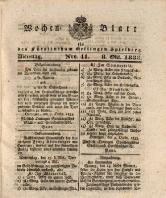 Wochenblatt für das Fürstenthum Oettingen-Spielberg (Oettingisches Wochenblatt) Dienstag 8. Oktober 1833