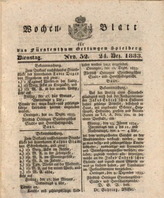 Wochenblatt für das Fürstenthum Oettingen-Spielberg (Oettingisches Wochenblatt) Dienstag 24. Dezember 1833