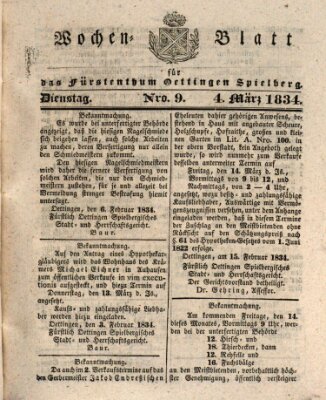 Wochenblatt für das Fürstenthum Oettingen-Spielberg (Oettingisches Wochenblatt) Dienstag 4. März 1834