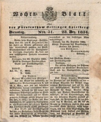 Wochenblatt für das Fürstenthum Oettingen-Spielberg (Oettingisches Wochenblatt) Dienstag 23. Dezember 1834