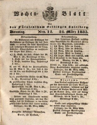 Wochenblatt für das Fürstenthum Oettingen-Spielberg (Oettingisches Wochenblatt) Dienstag 24. März 1835