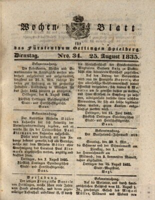 Wochenblatt für das Fürstenthum Oettingen-Spielberg (Oettingisches Wochenblatt) Dienstag 25. August 1835