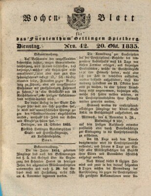 Wochenblatt für das Fürstenthum Oettingen-Spielberg (Oettingisches Wochenblatt) Dienstag 20. Oktober 1835