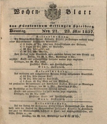 Wochenblatt für das Fürstenthum Oettingen-Spielberg (Oettingisches Wochenblatt) Dienstag 23. Mai 1837