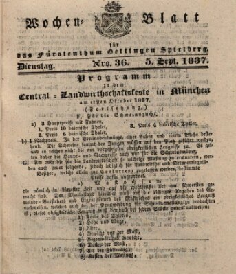 Wochenblatt für das Fürstenthum Oettingen-Spielberg (Oettingisches Wochenblatt) Dienstag 5. September 1837