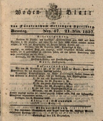 Wochenblatt für das Fürstenthum Oettingen-Spielberg (Oettingisches Wochenblatt) Dienstag 21. November 1837