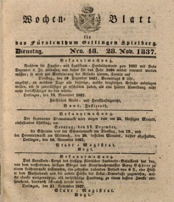 Wochenblatt für das Fürstenthum Oettingen-Spielberg (Oettingisches Wochenblatt) Dienstag 28. November 1837