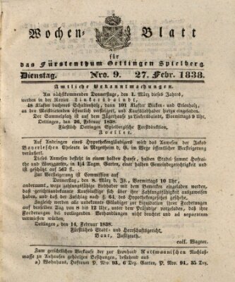 Wochenblatt für das Fürstenthum Oettingen-Spielberg (Oettingisches Wochenblatt) Dienstag 27. Februar 1838