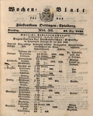 Wochenblatt für das Fürstenthum Oettingen-Spielberg (Oettingisches Wochenblatt) Dienstag 31. Dezember 1839