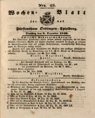 Wochenblatt für das Fürstenthum Oettingen-Spielberg (Oettingisches Wochenblatt) Dienstag 8. Dezember 1840