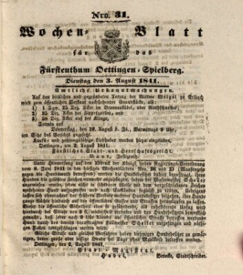 Wochenblatt für das Fürstenthum Oettingen-Spielberg (Oettingisches Wochenblatt) Dienstag 3. August 1841