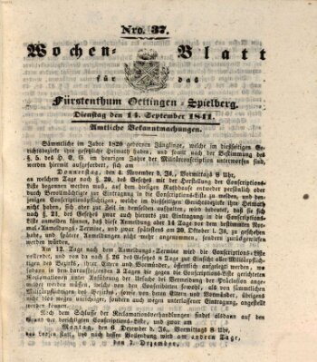 Wochenblatt für das Fürstenthum Oettingen-Spielberg (Oettingisches Wochenblatt) Dienstag 14. September 1841