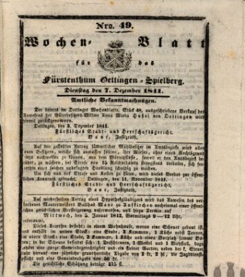 Wochenblatt für das Fürstenthum Oettingen-Spielberg (Oettingisches Wochenblatt) Dienstag 7. Dezember 1841